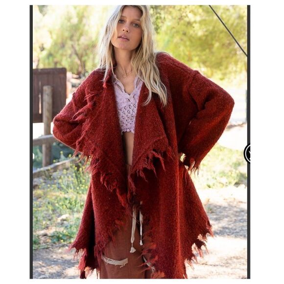 WOOL Blend Long cardigan with distressed Hemline in Terracotta - Picture 5 of 14